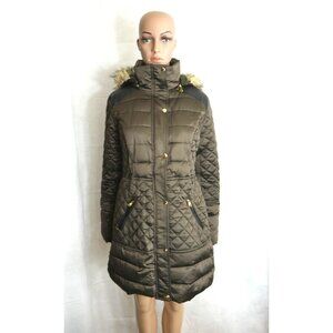 Brown Quilted Puffer Vegan Coat Hooded Faux Fur Trim Celsius Premium Wms Large